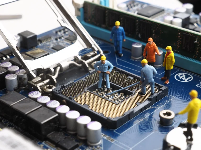 Des figurines d'ouvriers miniatures, vêtus de vêtements de chantier et de casques, sont positionnées sur une carte mère d’ordinateur, simulant une scène de travaux. Ils semblent inspecter ou réparer le socket du processeur, créant un effet humoristique et métaphorique de maintenance informatique.