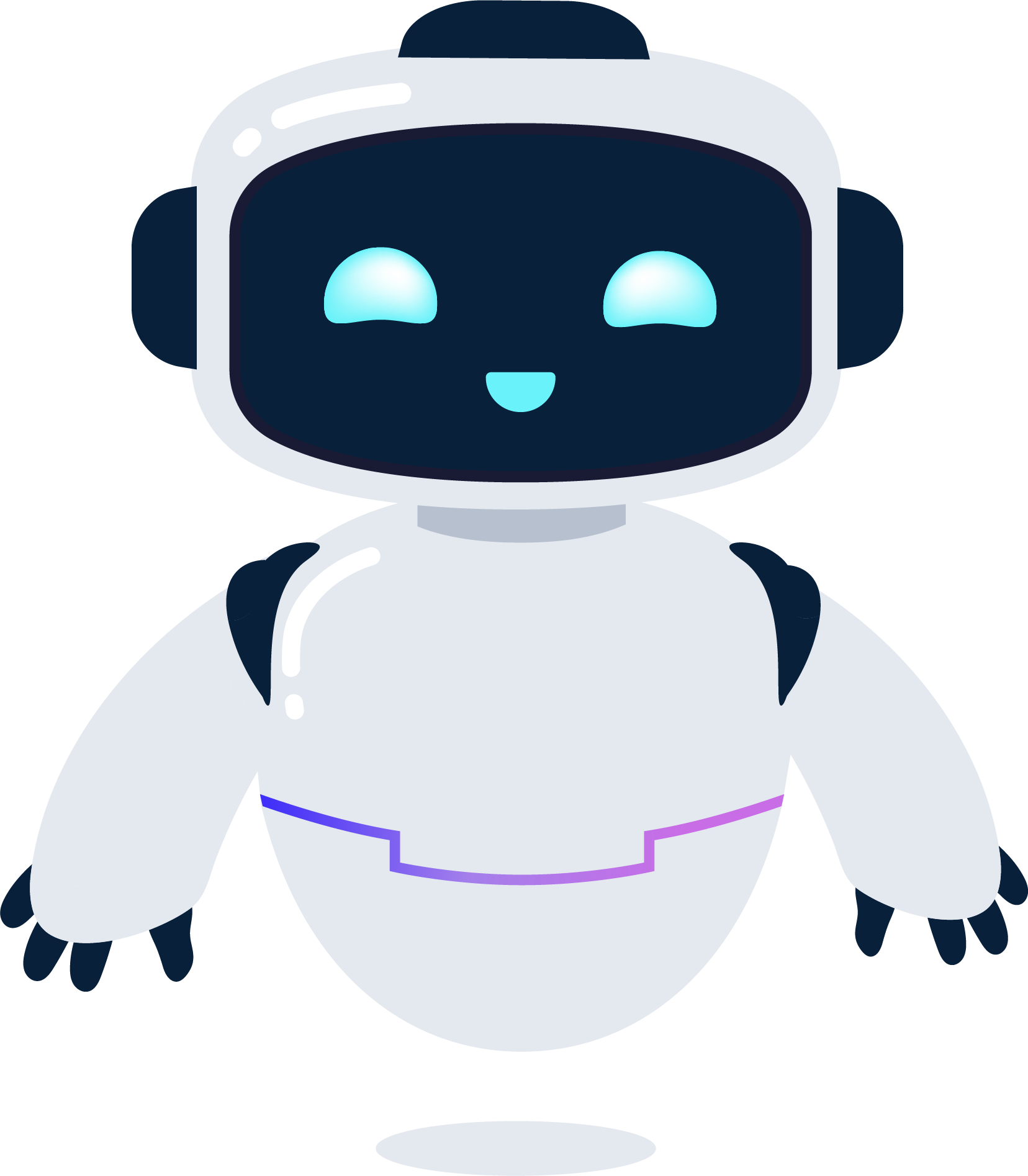 Un robot blanc au design épuré avec une tête rectangulaire affichant un écran noir avec des yeux bleus lumineux et un sourire bleu clair. Une fine ligne violette et rose décore son torse.